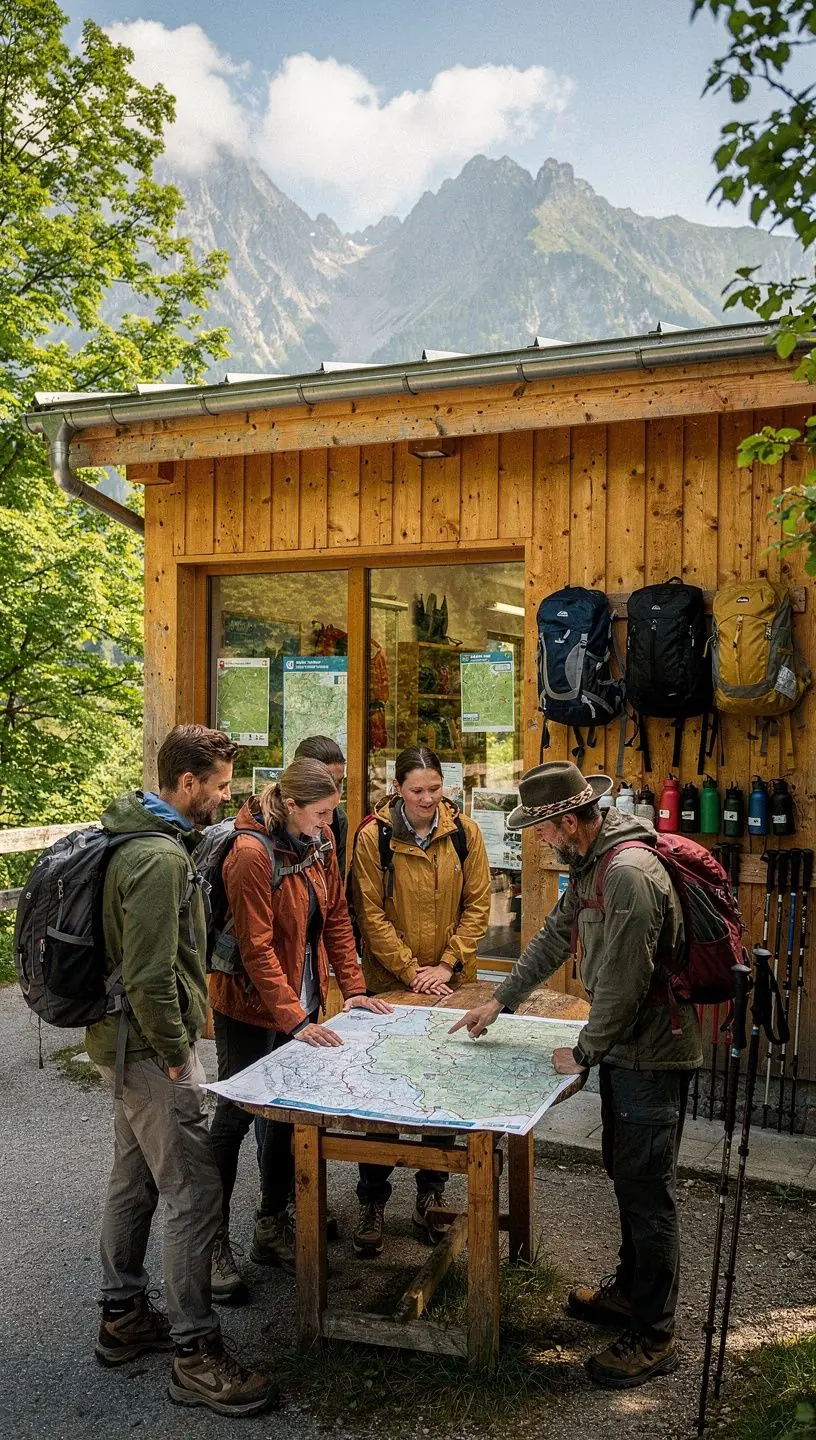 Zákazník si požičiava turistické vybavenie v modernom centre na prenájom outdoorového náradia.
