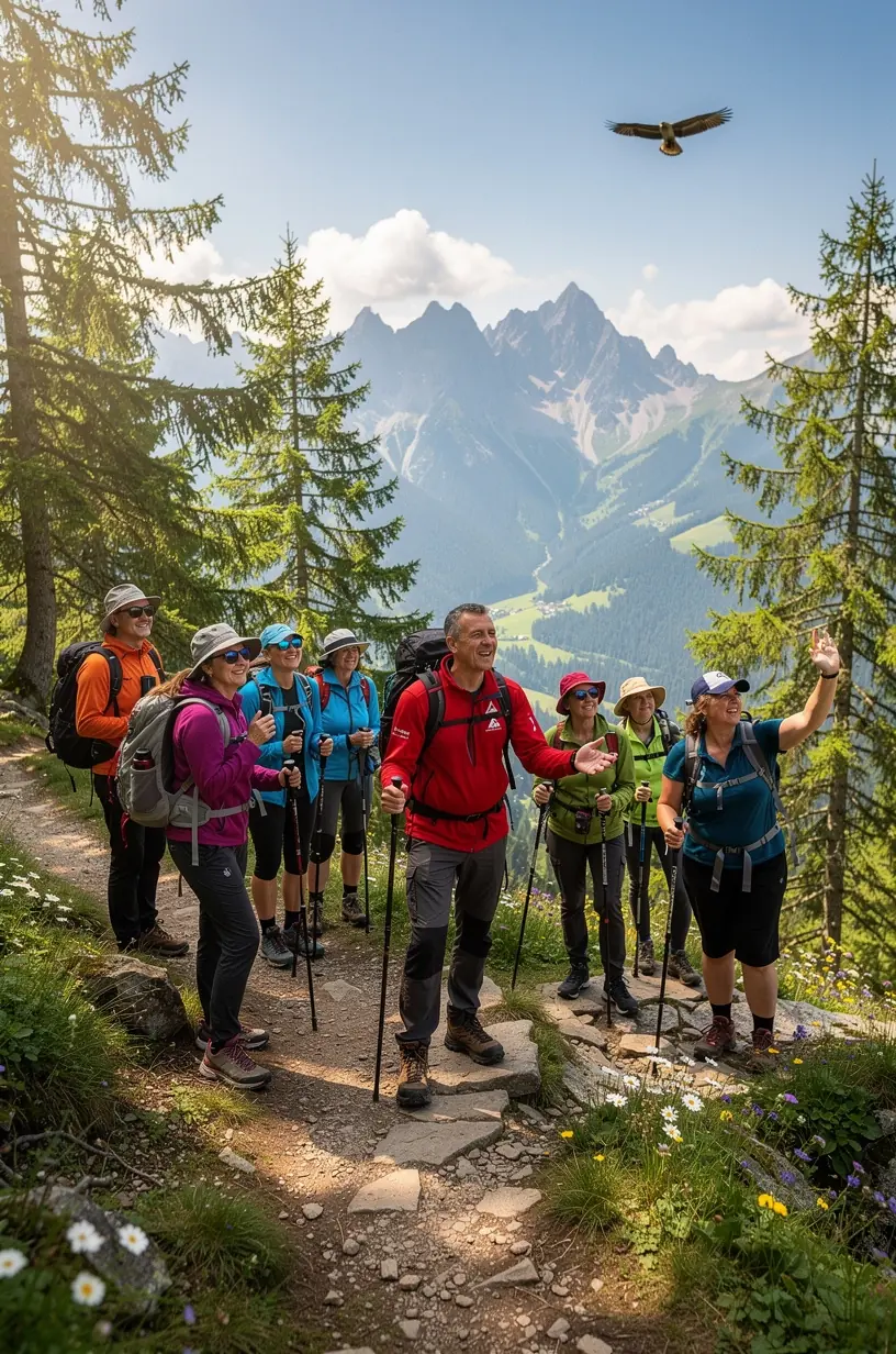 Skupina turistov so sprievodcom kráča horskou trasou s panoramatickým výhľadom na slovenské vrchy.